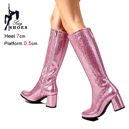 7CM Block Heel Pink Glitter Knee High Boots Women Square Toe Side Zipper Fashion Long Shoes Party Nightclub Long Pipe Booties
