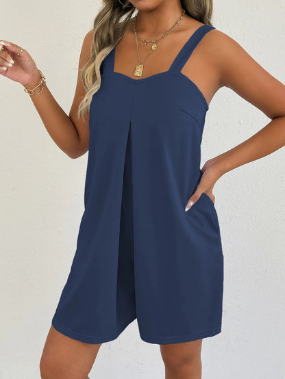 Women Sleeveless Strap Short Romper Heart Neck Pleated Wide Leg Jumpsuit With Pockets Loose Summer Casual Beach Vacation Outfit