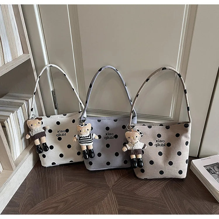 Korean Style Niche Linen Dot Shoulder Bag Women New Fashion Large Capacity Bucket Bag Casual Versatile Commuting Underarm Bag