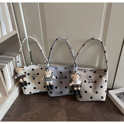 Korean Style Niche Linen Dot Shoulder Bag Women New Fashion Large Capacity Bucket Bag Casual Versatile Commuting Underarm Bag