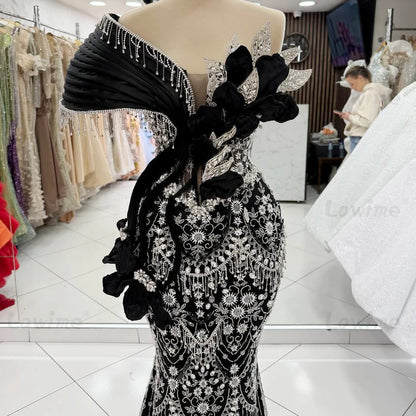 2026 Newest Customized Black Floral Sequined Party Dresses One Shoulder Tassels Crystal Mermaid Prom Dress Arabic Evening Gowns