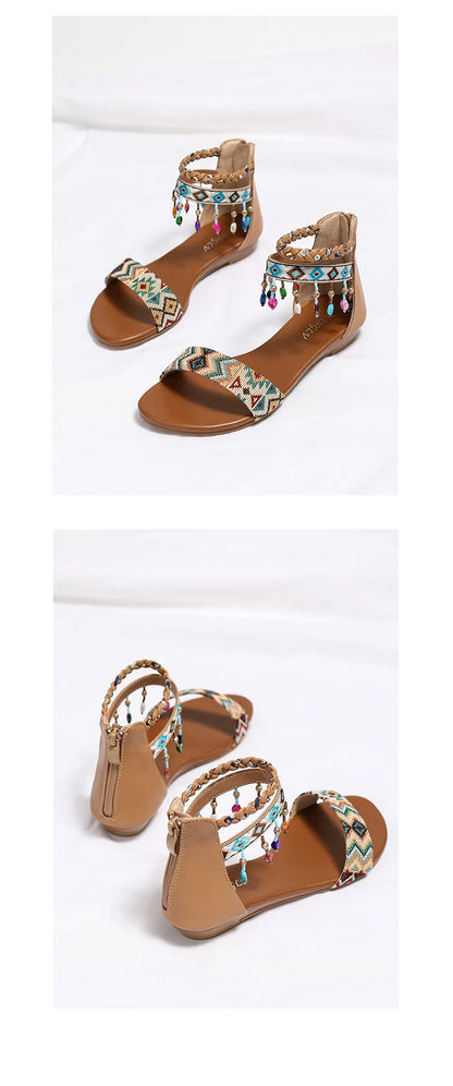 High quality leather flat sandals for women 2.5cm low heel vintage print new summer 2026 36 42 open toe casual shoe black brown