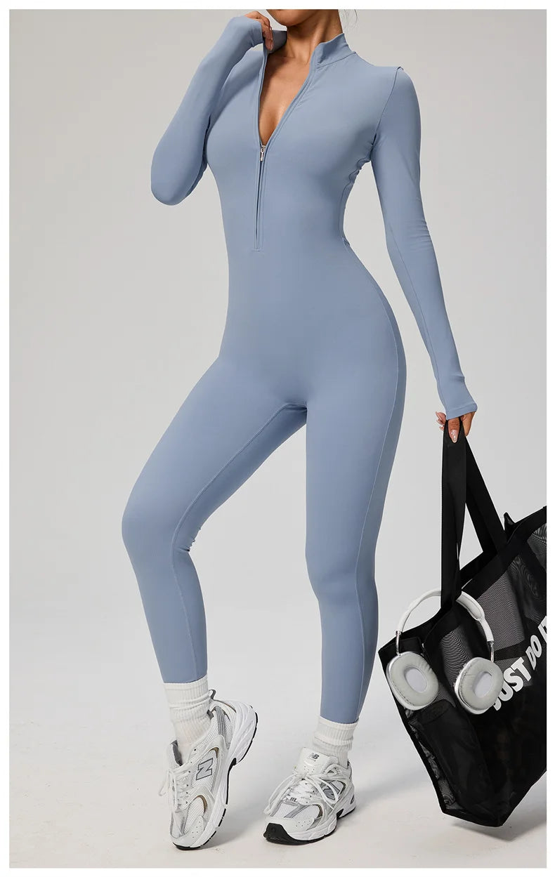 TRY TO BN Women's Jumpsuit Long Sleeve Zipper Shapewear Bodysuit Yoga Fitness One Piece Tights Gym Clothing Mono Deportivo Mujer