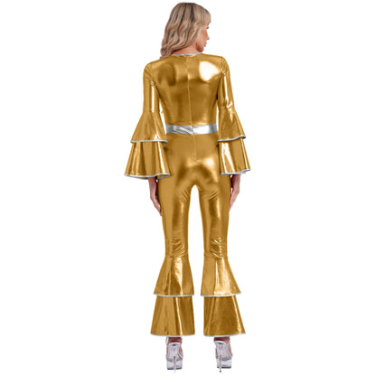 Womens 70S Disco Vintage Jumpsuit Metallic Shiny Flare Sleeve Bodysuit Hippie Bell Bottom Jazz Dance Carnival Rave Party Costume