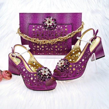 Mature Style Women Shoes and Bags Set 2023 Spring New Design Rose Gold Color Italian Sandals with Shinning Crystal for Party