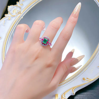 Luxury white gold solid platinum PT950 retro contrasting real emerald 5*7mm ring luxury banquet jewelry