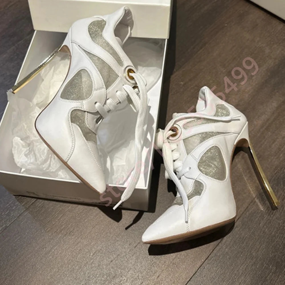 Mixed Color Sexy Catwalk Stiletto Short Boots 2025 New Pointed Stitching Lace-Up Boots Fashion Ladies Party Casual Short Boots