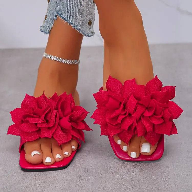 Women Flat Slippers 2026 Summer New Solid Color Sandals Flowers Open Toes Slippers Casual Fashionable Beach Shoes Slides Women