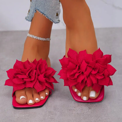 Women Flat Slippers 2026 Summer New Solid Color Sandals Flowers Open Toes Slippers Casual Fashionable Beach Shoes Slides Women