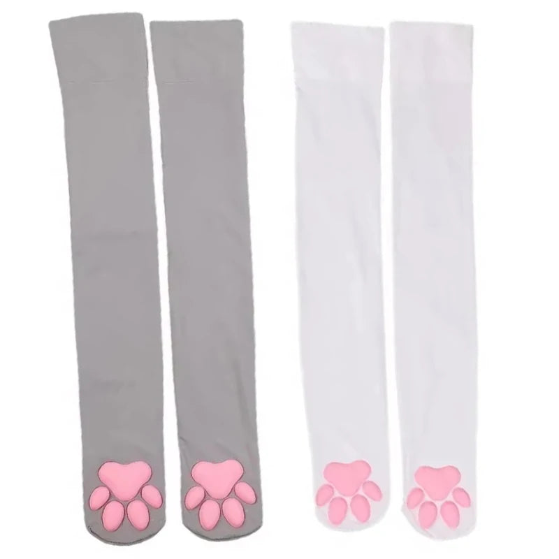 3D Cat Paw Thigh High Transparent Stockings Japanese Style Cute Pink Paw Print Sheer Tights Kawaii Lolita Cosplay Long Socks