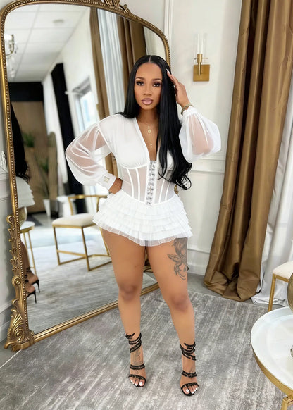 Boho Summer Mesh Casual Playsuit Sexy Women V-neck Elegant Night Club Ruffles Romper Overalls