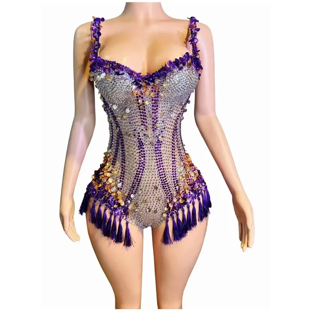 Luxury Fringes Rhinestones Bar Nightclub Outfit Birthday Party Dancer Stage Wear Performance Costume Sparkly Sexy Bodysuit
