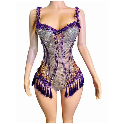 Luxury Fringes Rhinestones Bar Nightclub Outfit Birthday Party Dancer Stage Wear Performance Costume Sparkly Sexy Bodysuit