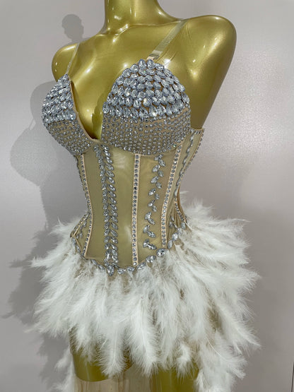 Luxury Sparkly Rhinestones Feathers Long Tail Dress Sexy Mesh Transparent Stage Bodysuit Evening Party Celebrate Birthday Dress