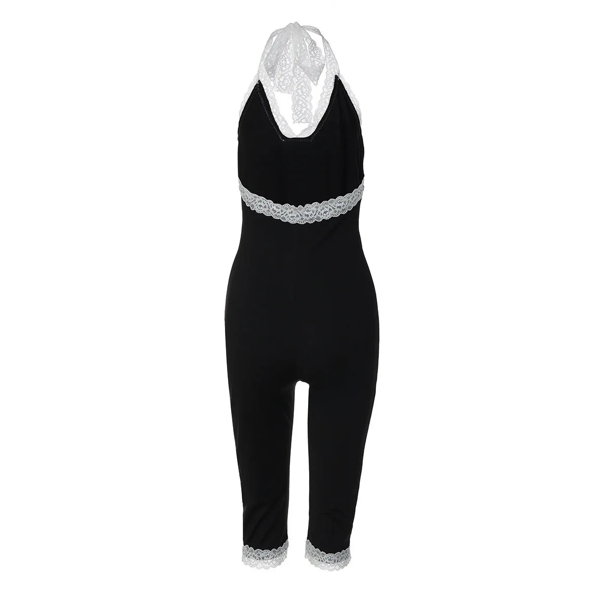 Joskaa Black Lace Trim Halter Capri Jumpsuits Women Sexy V-Neck Backless Sleeveless Bodycon Knee Length Rompers Y2K Streetwear