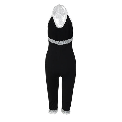 Joskaa Black Lace Trim Halter Capri Jumpsuits Women Sexy V-Neck Backless Sleeveless Bodycon Knee Length Rompers Y2K Streetwear