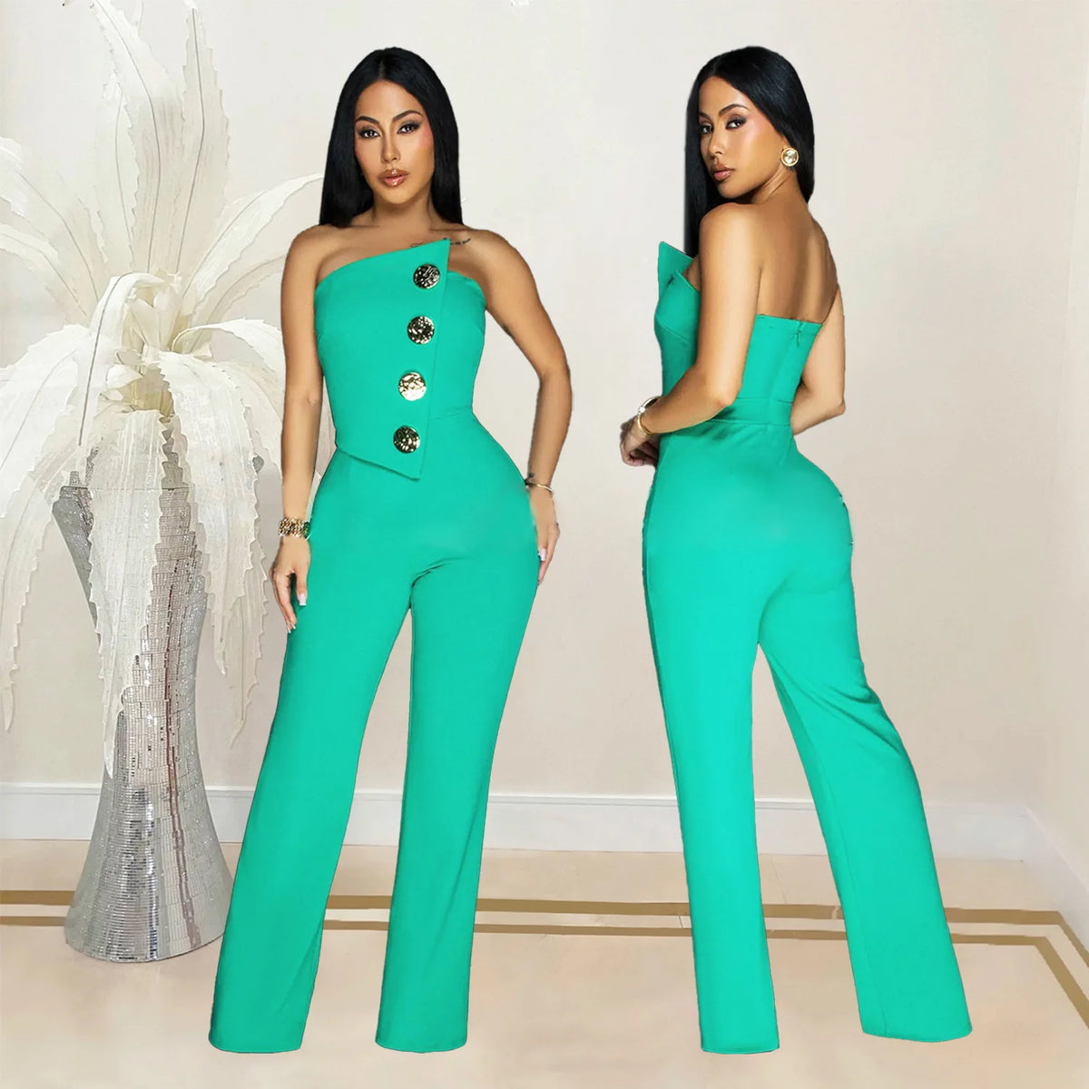 Sexy Backless Strapless Jumpsuit Summer Women Fashion Solid Button Sleeveless Slim Fit Wrap Hip Jumpsuits Elegant Office Romper