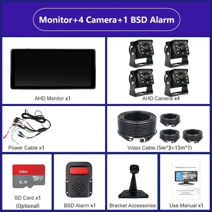 10.36 Inch Screen Car/RV/Bus/Truck AHD Monitor System 1080P Vehicle 4 Channel Camera Night Vision Reversing Parking Recorder
