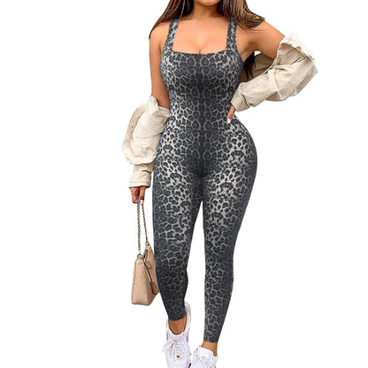 Wmstar Women Printed Sleeveless Bodysuit Threaded Square Neck Open Back Hip Lifting Slim Fit Jumpsuit Wholesale Dropshipping