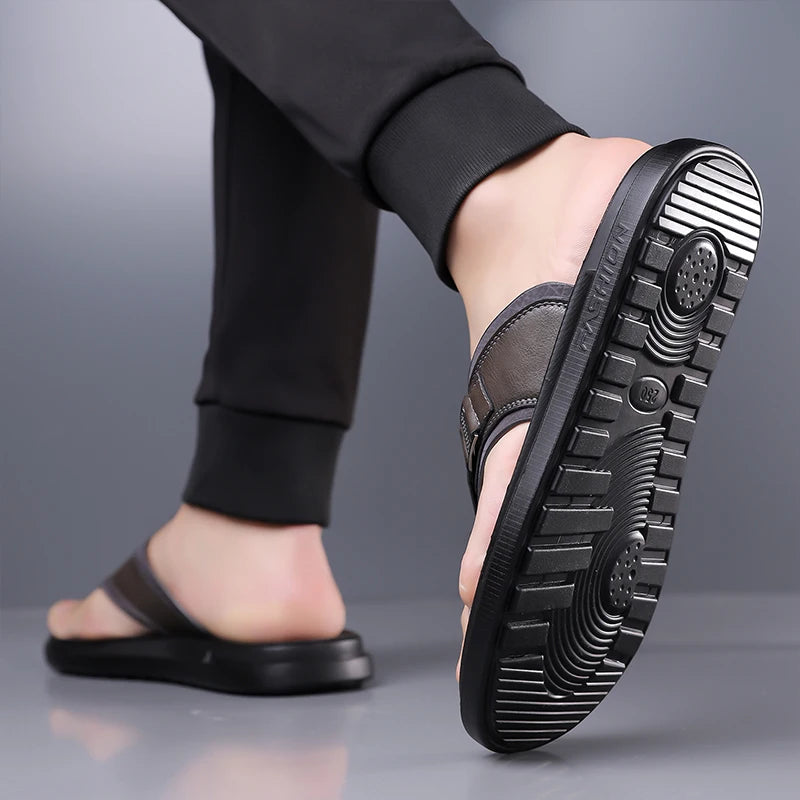 New Trend Men's Flip Flops Leather Beach Sandals Quick Dry Water Shoes Non Slip Summer Slippers Outdoor Slides Walking Sandalias