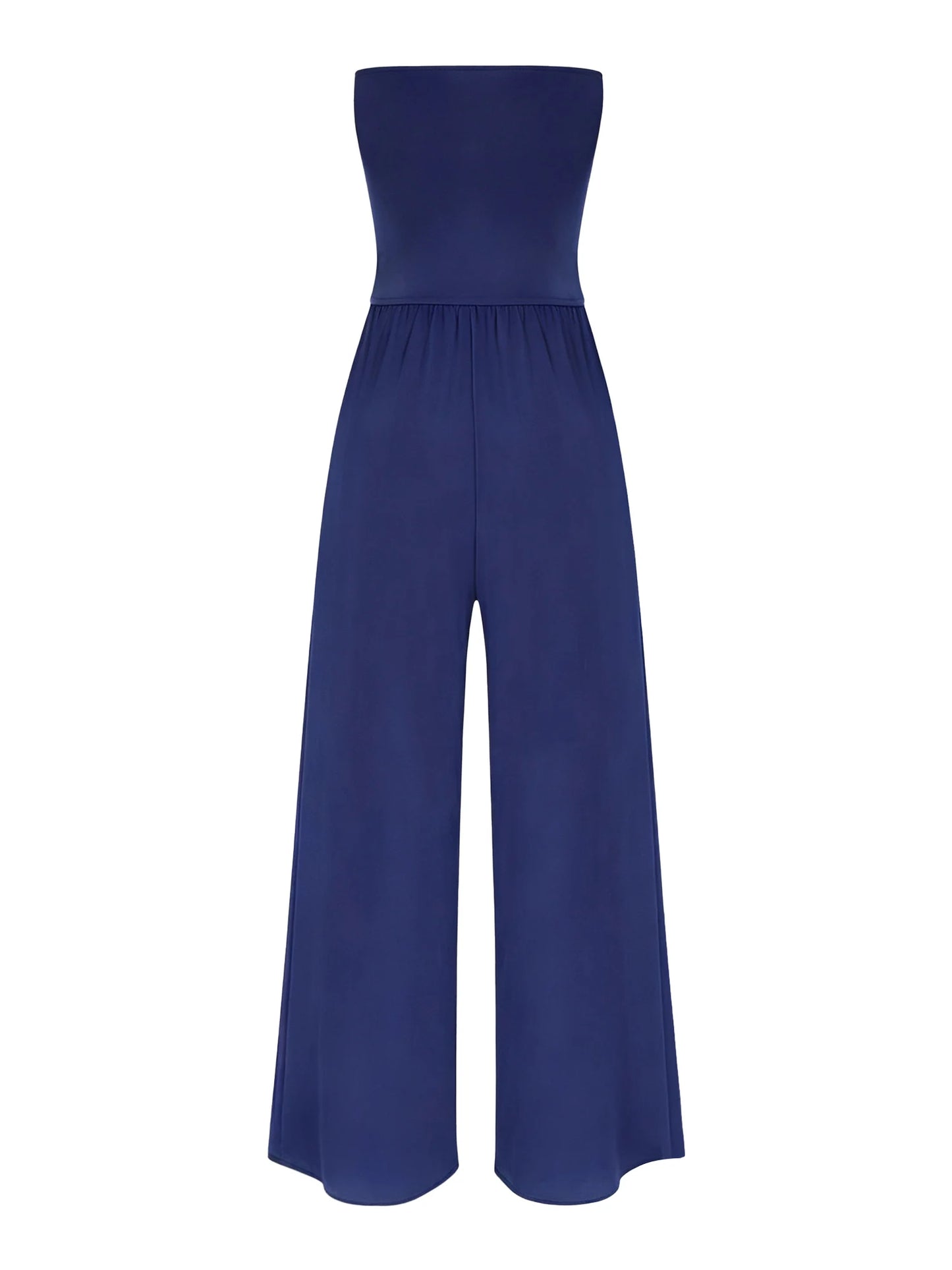 Women Strapless Jumpsuit Bandeau Elastic Bodice Sheer Floral Lace Patchwork Wide Leg Romper for Beach Vacation Party