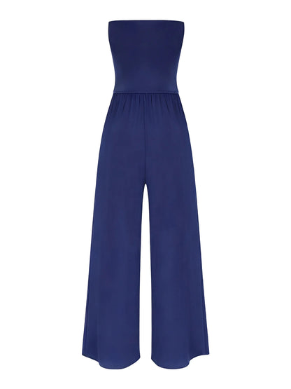 Women Strapless Jumpsuit Bandeau Elastic Bodice Sheer Floral Lace Patchwork Wide Leg Romper for Beach Vacation Party