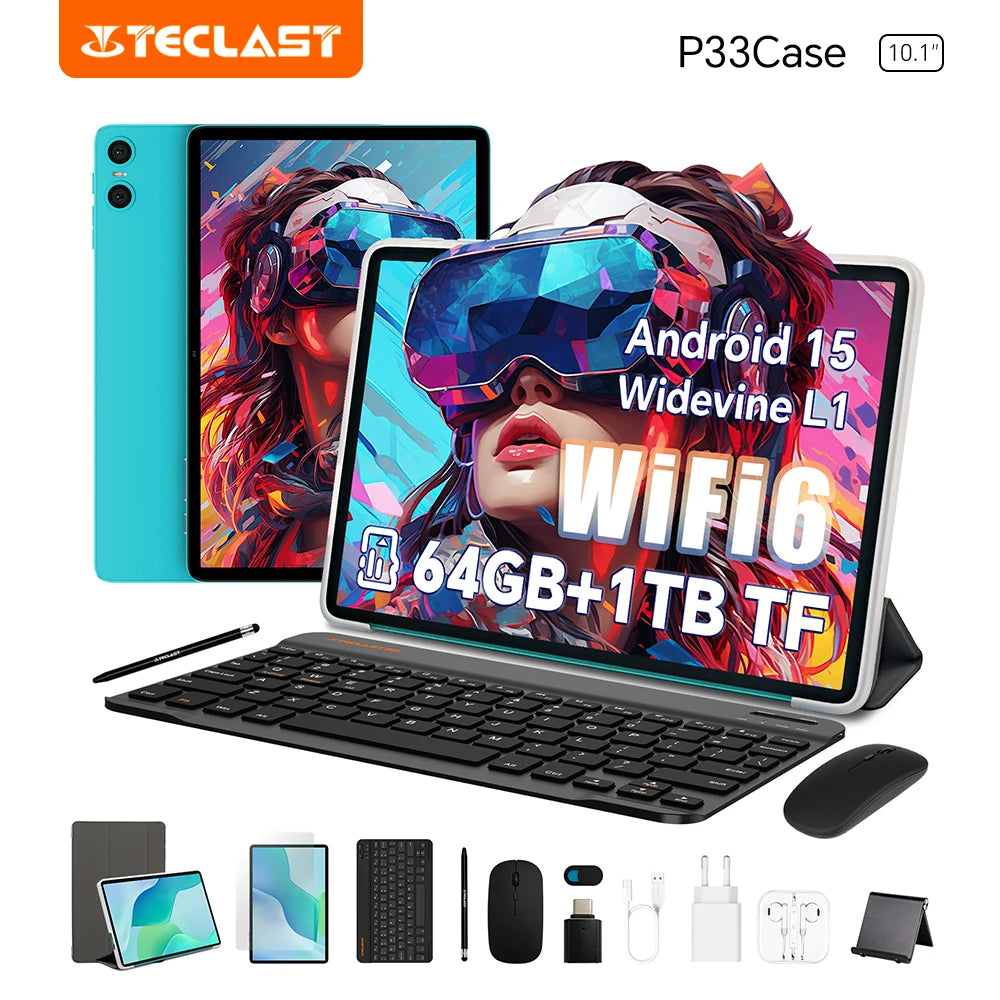 Teclast P33Case 10.1" Tablet Android 15 9GB(3+6GB) RAM 64GB ROM Allwinner A333 P33 Case/Keyboard/Mouse/Stylus/Headphone 6000mAh