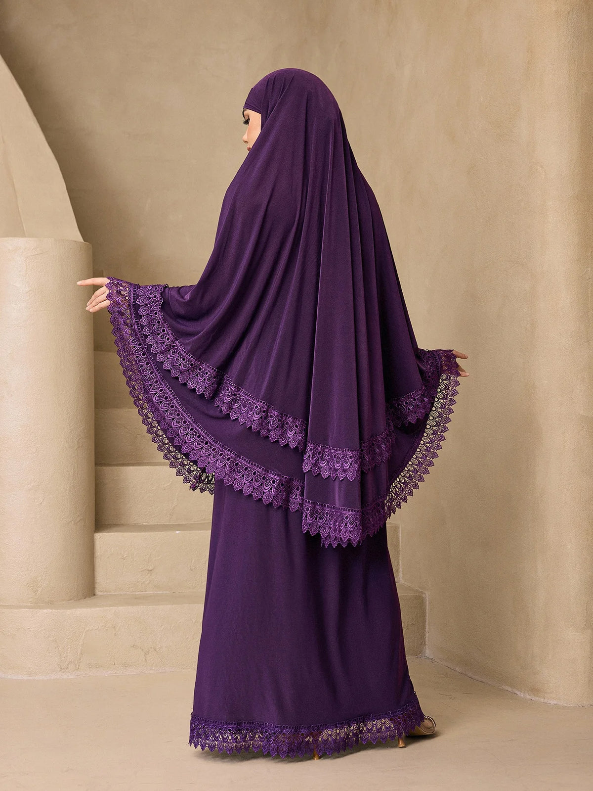 Elegant Multi Layer Lace Trim Khimar Abaya Two Piece Set, Modest Prayer Long Dress For Muslim Women Eid Daily Religious Wear