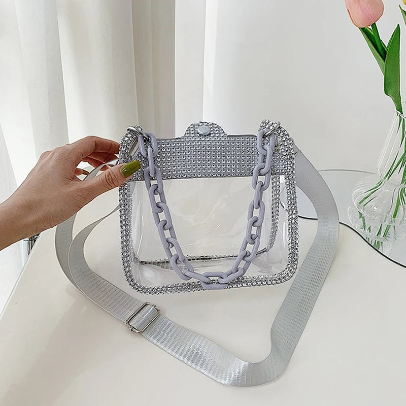 Clear Crossbody Bag for Women PVC Transparent Single Shoulder Chain Portable Messenger Bags Small Square Satchel Bag Girls Gift