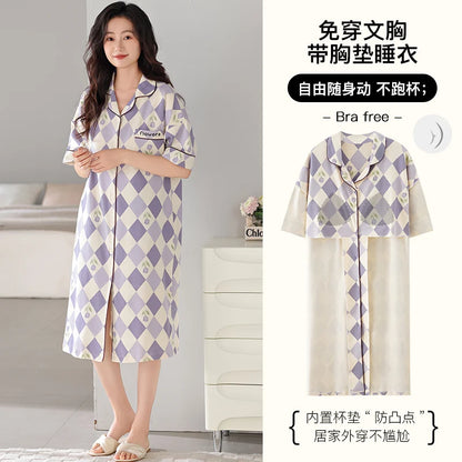 Newest M-5XL Women Short Sleeve Nightdress With Chest Pad Female Knited Cotton Nightwear Sleepdress