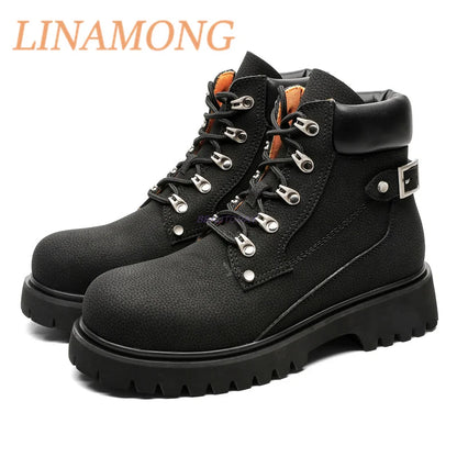 Yellow Workwear Boots Fashionable Front Strap Design Patchwork Thick Sole Buckle Decoration Anti Slip Couple's Short Boots