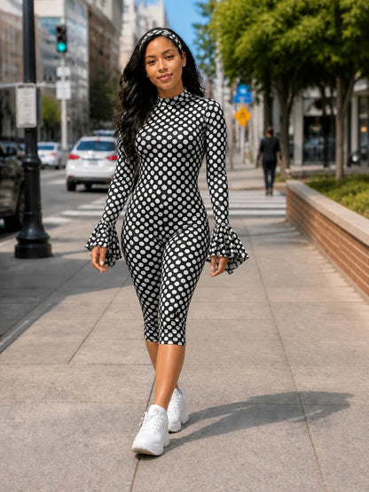 FAGADOER New Polka Dot Jumpsuits Women Autumn Long Flare Sleeve Rompers with Headscraft Back Hollow Out Sexy Bodycon Streetwear