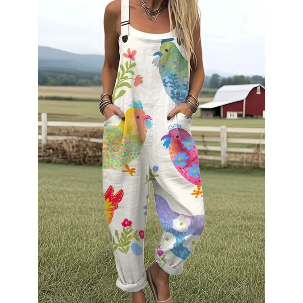 Relaxed Fit Women's Overalls with Cute Animals Patterns Fashion Jumpsuits Adjustable Design for Picnics and Country Outings