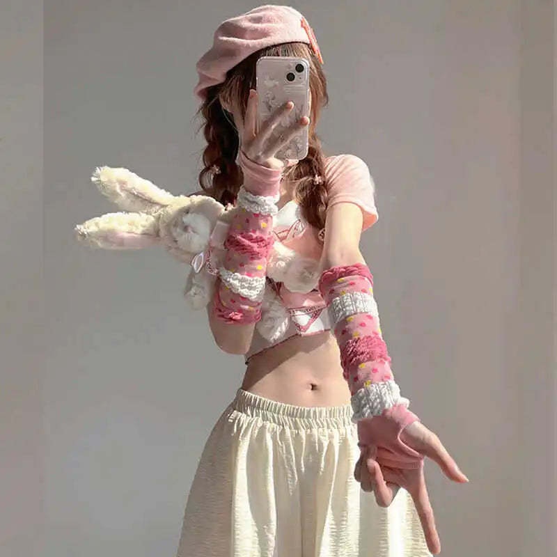 Pink Lolita Lace Bowknot Gloves Fingerless Gothic Winter Warm Sunscreen Sleeve False Sleeve Gloves Women JK Clothing Accessories