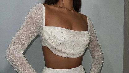Luxury Y2k Bodycon Sexy Two-piece Set Skirt Sets Sequins Pearls Women Outfits Evening Party Gowns Chic Dresses Short Suits White