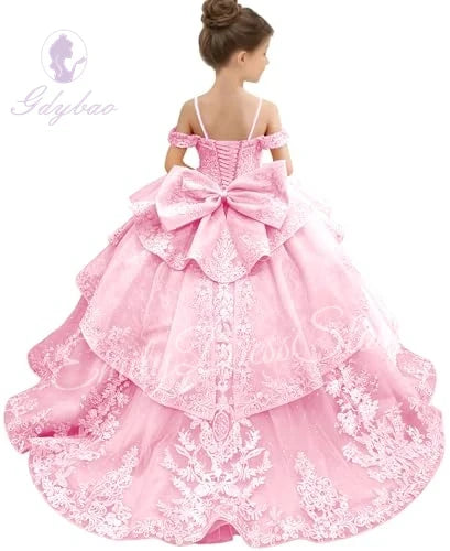 Customized Pink Flower Girl Dress For Wedding Bowknot Appliques Short  Sleeve Floor Length Kids Birthday First Communion Gown