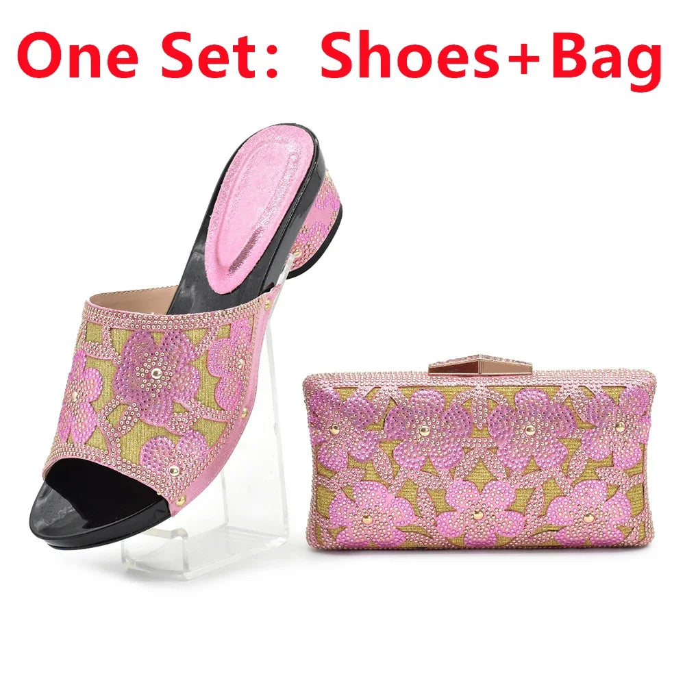 New Arrival Green Color Nigerian Shoes and Matching Bags Set Italian Ladies Shoes and Bags To Match Set Decorated with Rhinstone