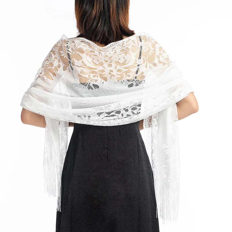Korean Women Summer Thin Hollow Flower Long Tassel Party Cloak Sunscreen Shawl Sun Clothing Travel Towel Lace Evening Dress Scar
