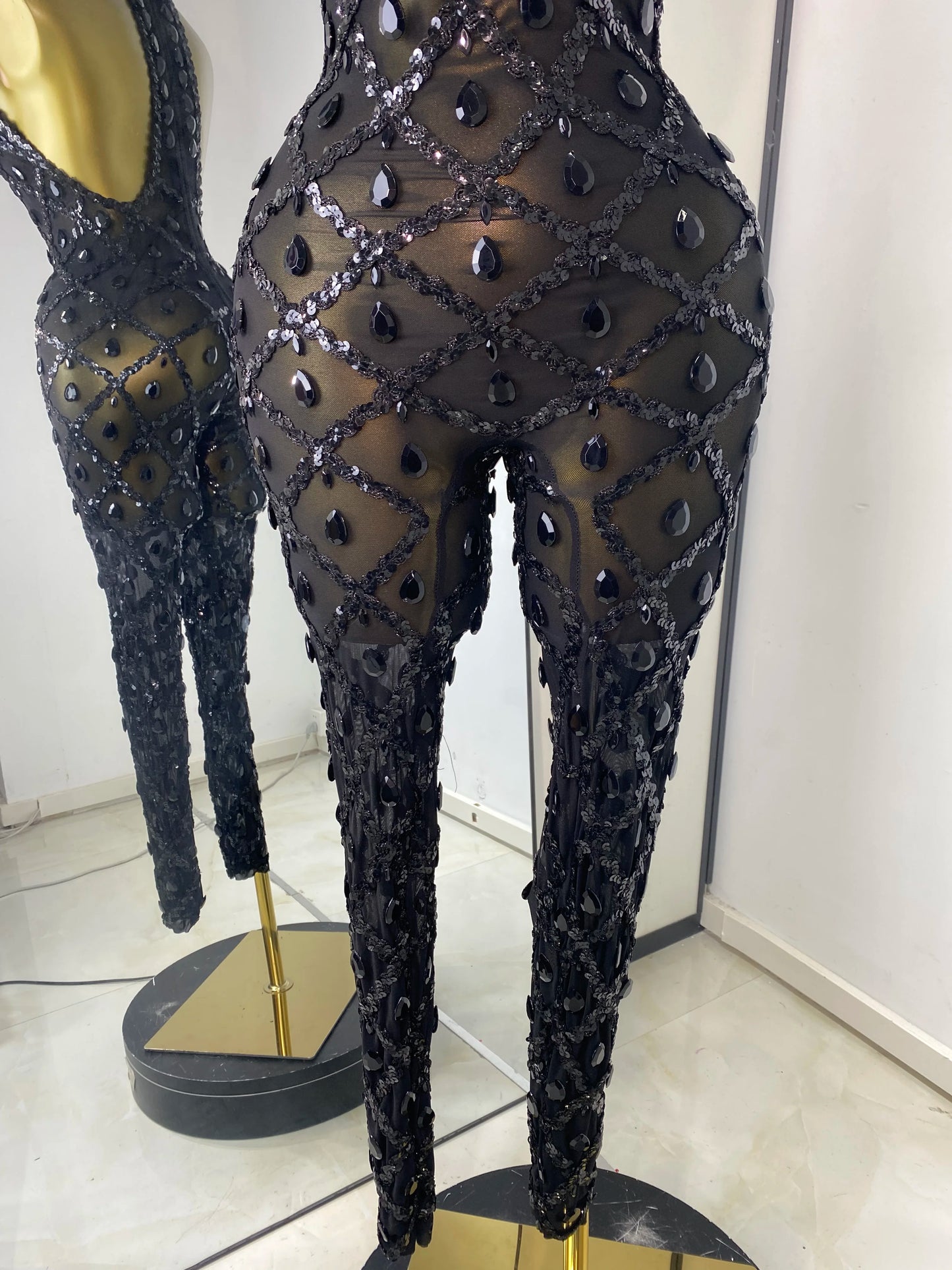 Women Rhinestones Sequines Mesh Bodycon Jumpsuits Sexy Special Occassion Nightclub DJ Dancer Stage Costumes Evening Club Dress