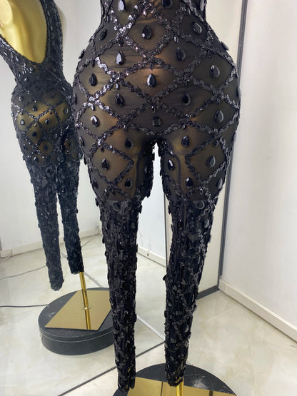 Women Rhinestones Sequines Mesh Bodycon Jumpsuits Sexy Special Occassion Nightclub DJ Dancer Stage Costumes Evening Club Dress