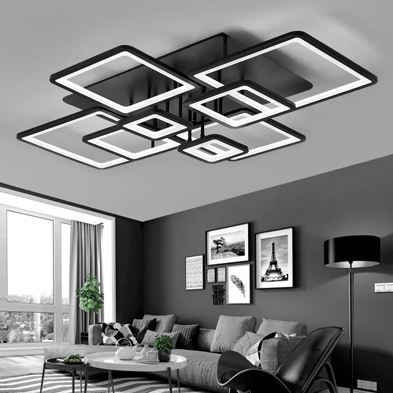 Creative Grid LED Ceiling Light Luxury Villa Hall Black Living Room Decor Dining Room Ceiling Chandelier Home Lustre Fixture