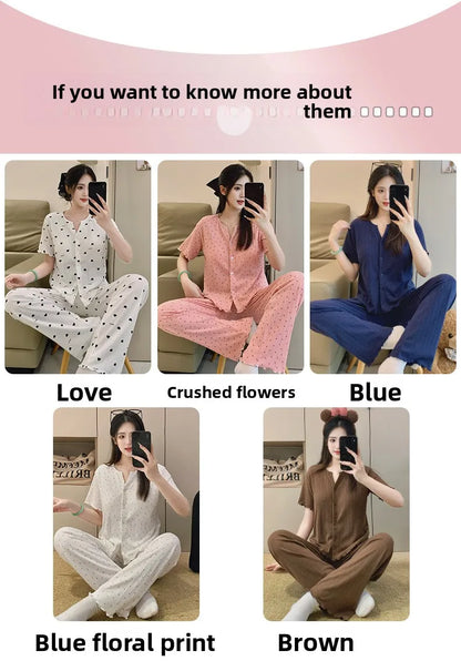 Cotton Fabric Floral Cardigan Printed Pajamas for Women Short-Sleeved Top and Long Pants Sleepwear Homewear Set Ladies Nightwear