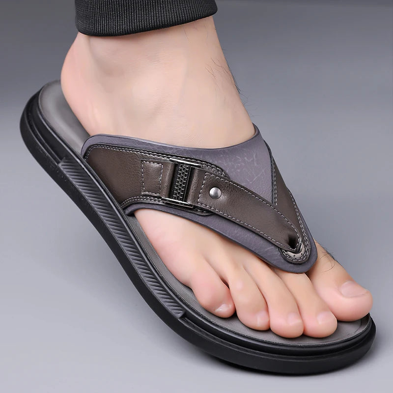 New Trend Men's Flip Flops Leather Beach Sandals Quick Dry Water Shoes Non Slip Summer Slippers Outdoor Slides Walking Sandalias