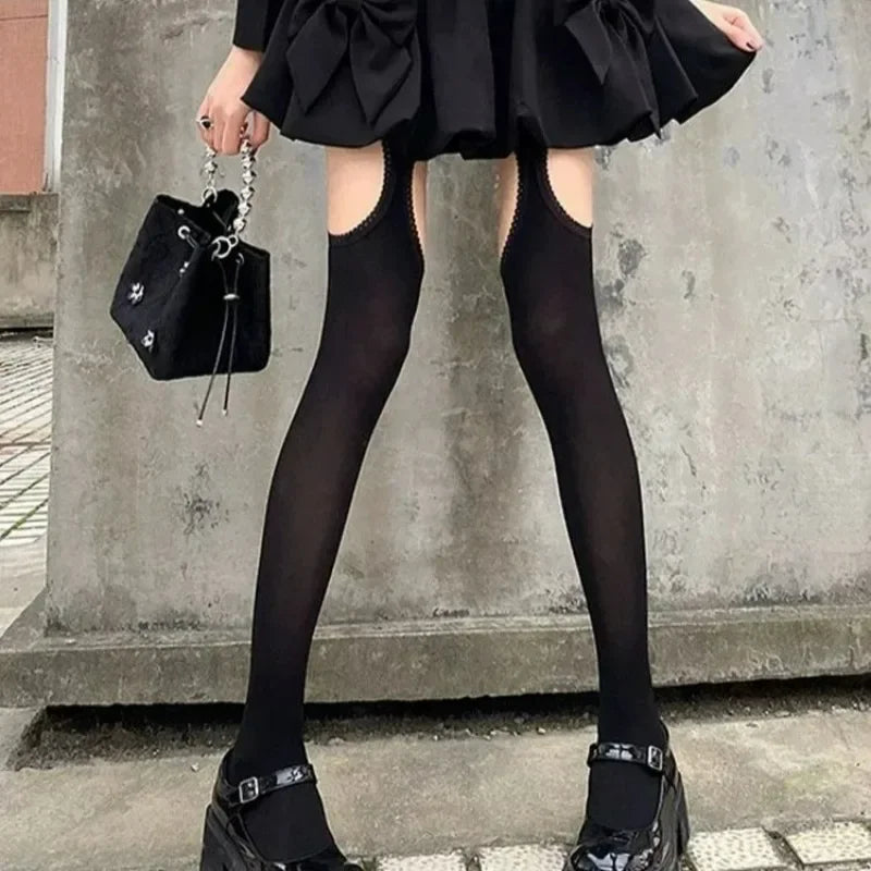 Women Suspender Wide-banded Velvet Tights Lolita Thin Thigh High Stockings with Garters Y2K JK College Style Over The Knee Socks