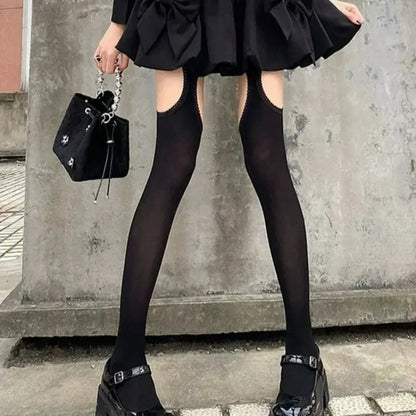 Women Suspender Wide-banded Velvet Tights Lolita Thin Thigh High Stockings with Garters Y2K JK College Style Over The Knee Socks