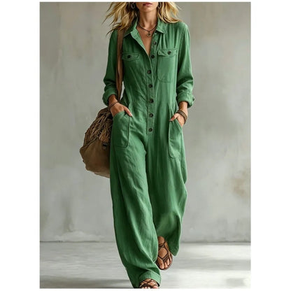Autumn New Fashion Linen Single Breasted Double Pocket Women's Work Jumpsuit Casual Loose Vacation Female Rompers 2026