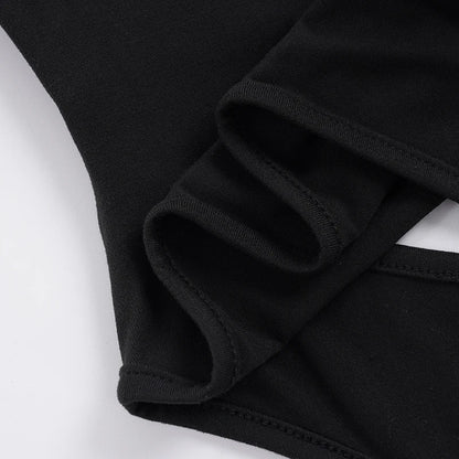 SUCHCUTE Sexy High-Neck Mesh Patchwork Jumpsuit Women Hollow One-piece Suit Streetwear Long Sleeve Bodysuits Skinny Rompers Y2k