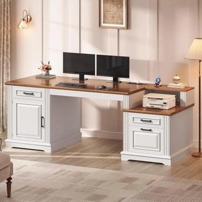 Farmhouse Executive Desk 62 Inch Wide with Integrated Power Hub 4 AC Outlets 2 USB Ports Spacious Work Surface 21.7 Depth 29.5 H