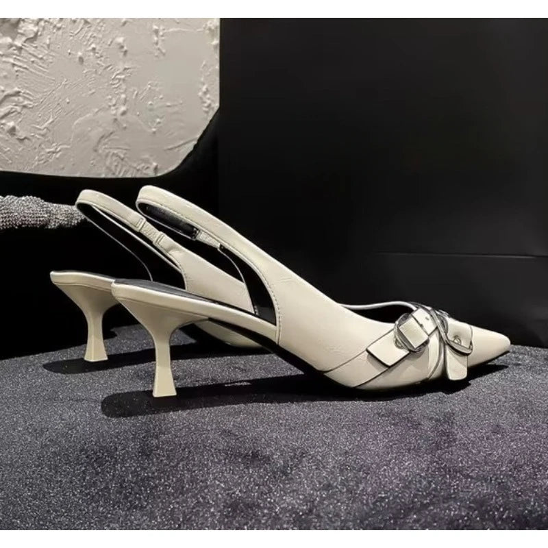 Luxury Brand Designer Women Sandals Fashion Pointed Toe Buckle Strap Metal High Heeled Kitten Heel Elegant Single Shoes Female