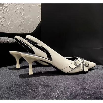 Luxury Brand Designer Women Sandals Fashion Pointed Toe Buckle Strap Metal High Heeled Kitten Heel Elegant Single Shoes Female